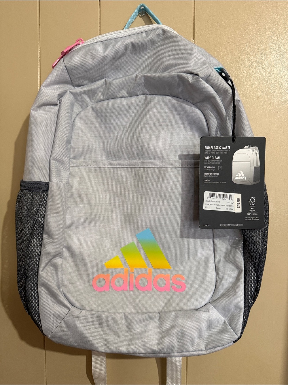 adidas Light Gray Backpack with Pastel Rainbow Logo